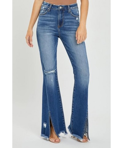 Risen Jeans - High Rise Front Slit with Fray Hem Flare Jeans - RDP5544 Darkblue $43.17 Jeans