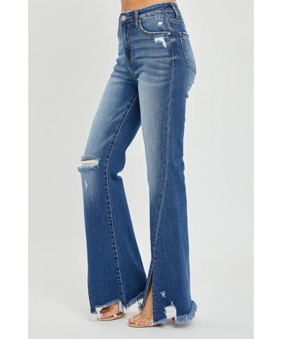 Risen Jeans - High Rise Front Slit with Fray Hem Flare Jeans - RDP5544 Darkblue $43.17 Jeans