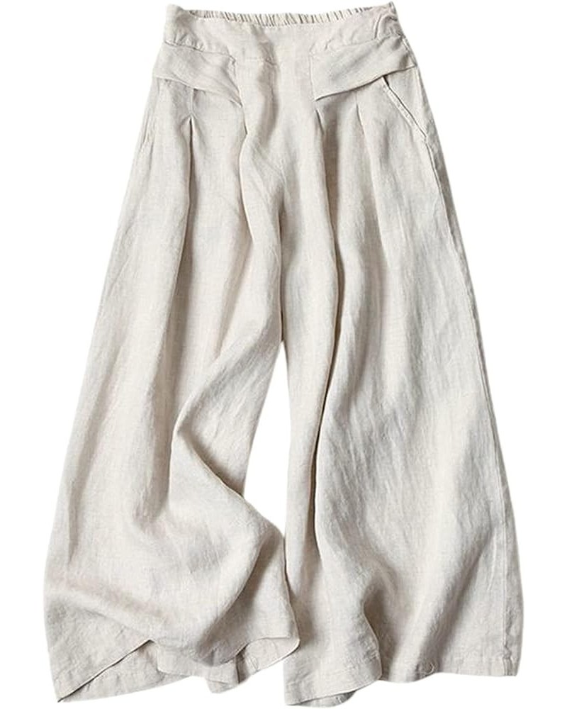 Linen Pants for Women Culottes Capris Wide Leg Palazzo Boho Pants Trousers Beige $13.86 Pants