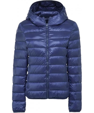 Women Hooded Short Puffer Jackets White Duck Down Autumn Winter Lightweight Warm Coats Navy Blue $22.80 Jackets