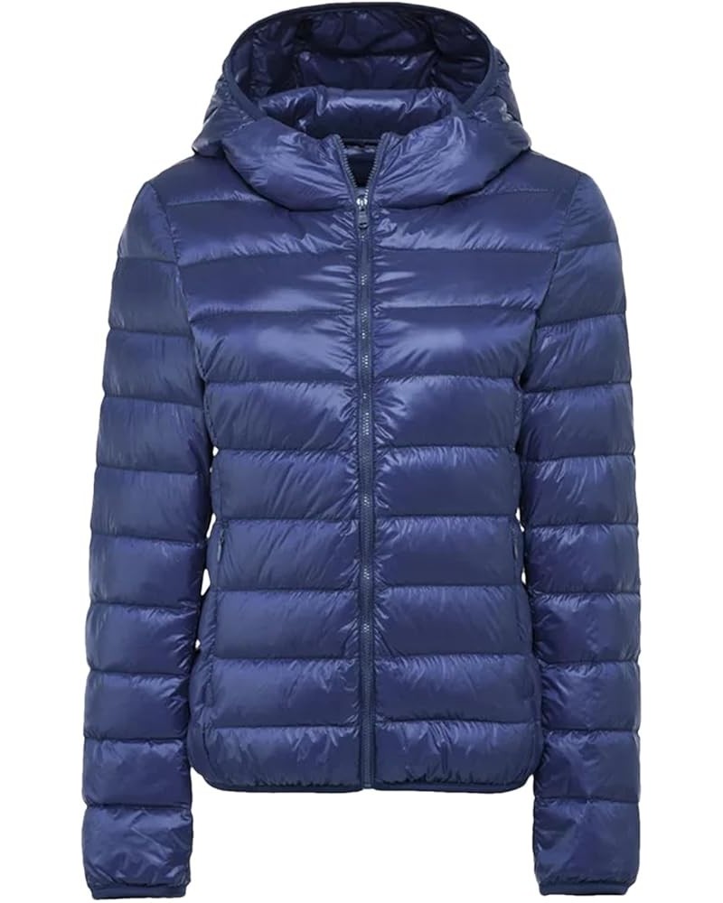 Women Hooded Short Puffer Jackets White Duck Down Autumn Winter Lightweight Warm Coats Navy Blue $22.80 Jackets