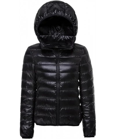 Women Hooded Short Puffer Jackets White Duck Down Autumn Winter Lightweight Warm Coats Navy Blue $22.80 Jackets