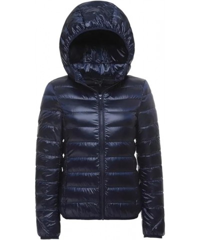 Women Hooded Short Puffer Jackets White Duck Down Autumn Winter Lightweight Warm Coats Navy Blue $22.80 Jackets