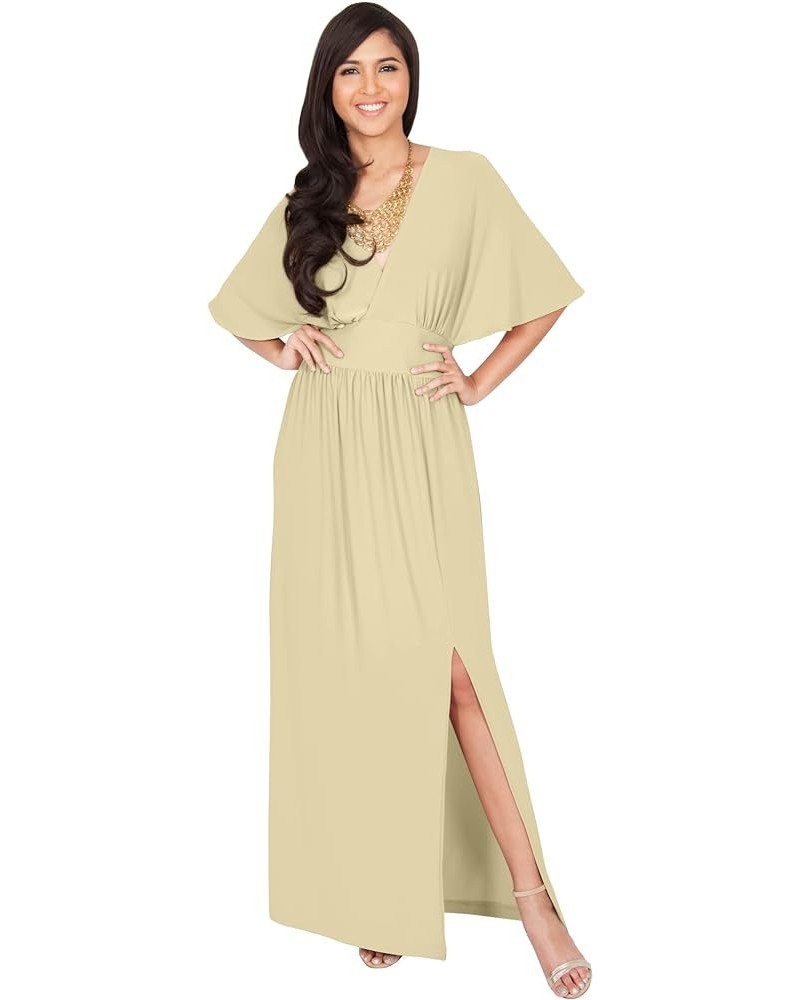 Womens Long Sexy Kimono Short Sleeve Slit Wrap V-Neck Gowns Maxi Dress Nude Champagne Brown $16.54 Dresses