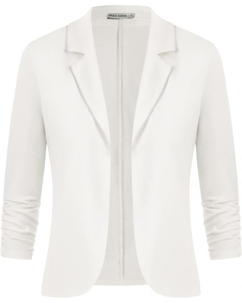 Women Business Casual Cropped Blazer Jacket Open Front Cotton Cardigan Ivory White(ruched Sleeve) $17.22 Blazers