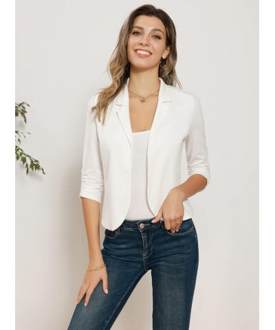 Women Business Casual Cropped Blazer Jacket Open Front Cotton Cardigan Ivory White(ruched Sleeve) $17.22 Blazers