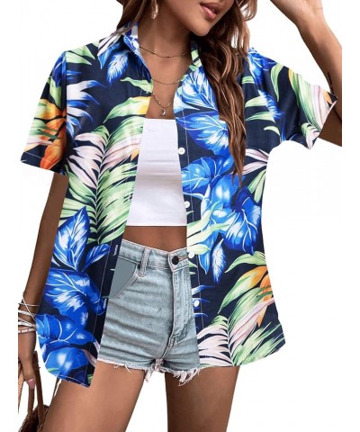 Women's Hawaiian Shirt Tropical Button Down Outfits Hibiscus Flowers Blouses Beach Aloha V Neck Short Sleeve Shirt Blue $14.2...