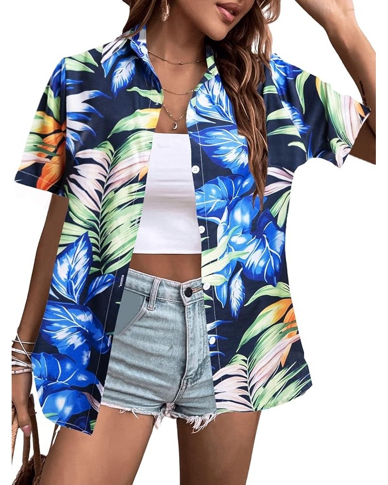 Women's Hawaiian Shirt Tropical Button Down Outfits Hibiscus Flowers Blouses Beach Aloha V Neck Short Sleeve Shirt Blue $14.2...