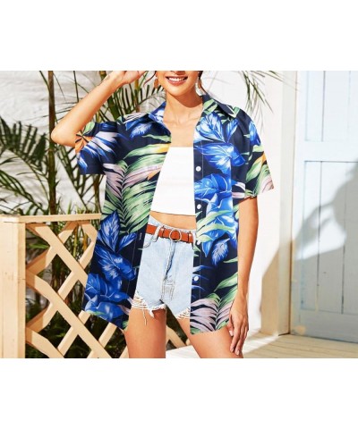 Women's Hawaiian Shirt Tropical Button Down Outfits Hibiscus Flowers Blouses Beach Aloha V Neck Short Sleeve Shirt Blue $14.2...