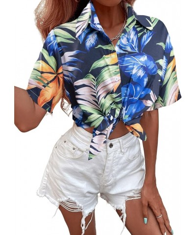 Women's Hawaiian Shirt Tropical Button Down Outfits Hibiscus Flowers Blouses Beach Aloha V Neck Short Sleeve Shirt Blue $14.2...