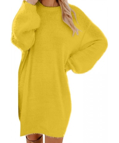 Furry Dress for Women Lightweight Sweater Dress Loose Fit Crew Neck Long Sleeve Cute Comfy Fuzzy Casual Dress E010- Yellow $8...