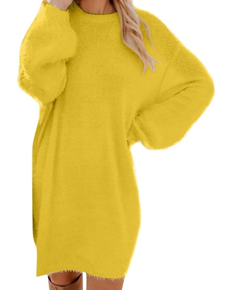 Furry Dress for Women Lightweight Sweater Dress Loose Fit Crew Neck Long Sleeve Cute Comfy Fuzzy Casual Dress E010- Yellow $8...