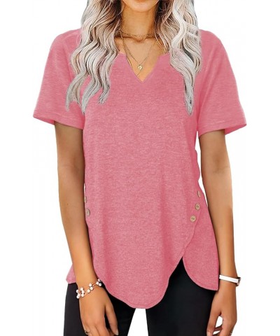 Womens Tops V Neck Tshirts Short Sleeve Button Side Tunics for Women Fashion Summer Clothes 2024 Coral Pink $10.99 Tops