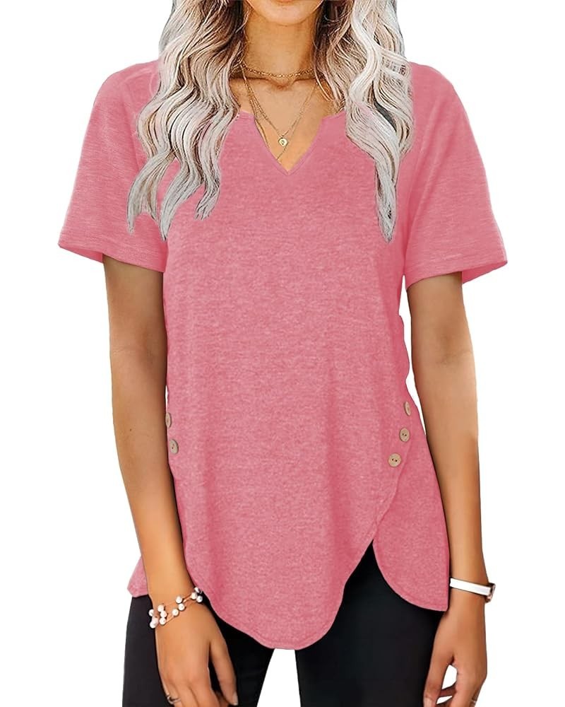 Womens Tops V Neck Tshirts Short Sleeve Button Side Tunics for Women Fashion Summer Clothes 2024 Coral Pink $10.99 Tops