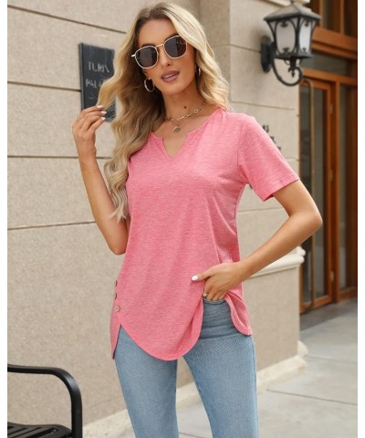 Womens Tops V Neck Tshirts Short Sleeve Button Side Tunics for Women Fashion Summer Clothes 2024 Coral Pink $10.99 Tops