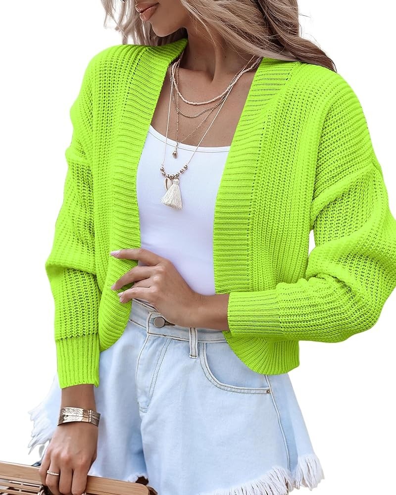 Women's Long Sleeve Open Front Knit Cropped Cardigan Sweaters Casual Drop Shoulder Short Shrugs Sweater Coats Fluorescent Gre...