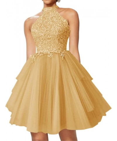 Homecoming Dresses Lace Appliques Cocktail Dresses for Women Formal Prom Dress Halter Neck Gold $25.52 Dresses