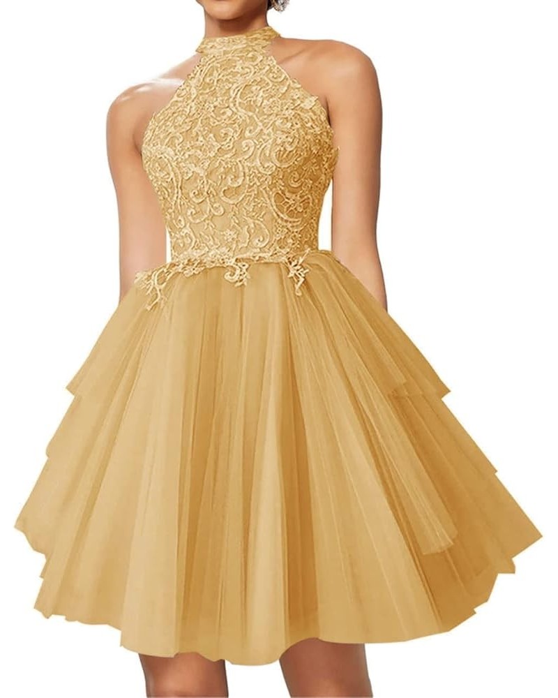 Homecoming Dresses Lace Appliques Cocktail Dresses for Women Formal Prom Dress Halter Neck Gold $25.52 Dresses