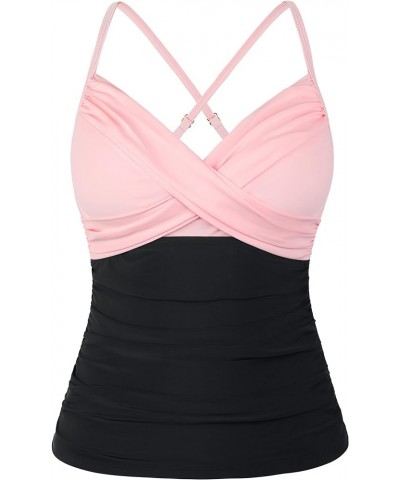 Womens Underwire Tankini Swim Top Cross Front V Neck Swimsuit Tops Ruched Tummy Control Swimwear Pink&black $16.40 Swimsuits