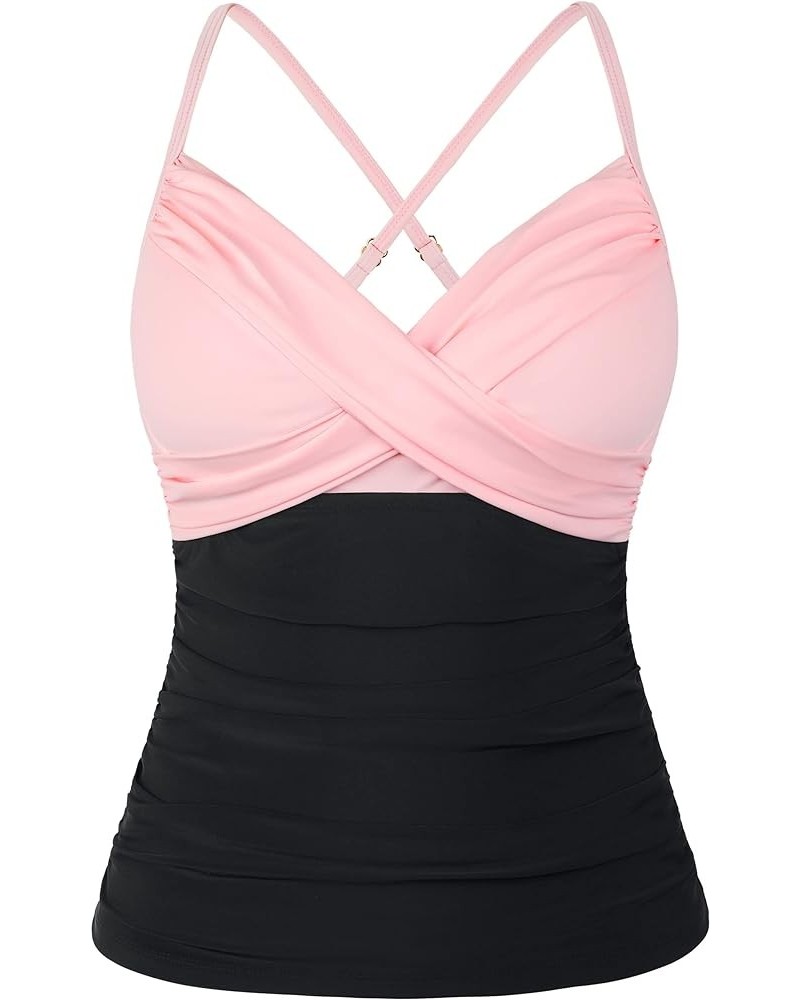 Womens Underwire Tankini Swim Top Cross Front V Neck Swimsuit Tops Ruched Tummy Control Swimwear Pink&black $16.40 Swimsuits