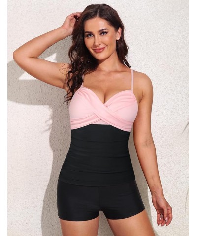 Womens Underwire Tankini Swim Top Cross Front V Neck Swimsuit Tops Ruched Tummy Control Swimwear Pink&black $16.40 Swimsuits