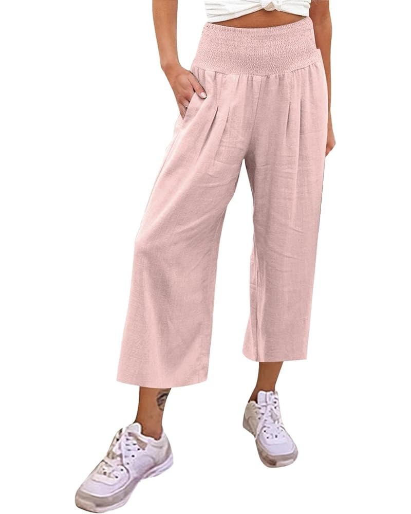 Womens Cotton Linen Cinch Bottom Casual Elastic Waist Wide Leg Pants Long Wide Leg Pants Casual Trousers with Pockets Ysfnda1...