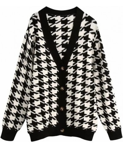 Women's Fall Checkered Long Sleeve Cardigan Sweet Cute Cozy Knit Sweater Coat 2_black Houndstooth $20.13 Sweaters