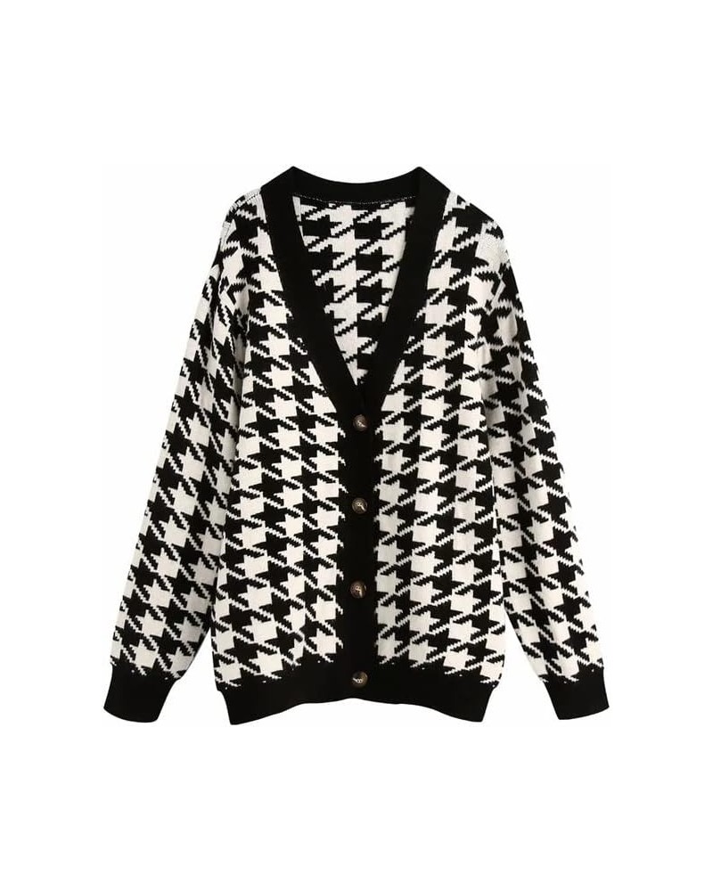 Women's Fall Checkered Long Sleeve Cardigan Sweet Cute Cozy Knit Sweater Coat 2_black Houndstooth $20.13 Sweaters