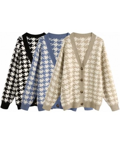 Women's Fall Checkered Long Sleeve Cardigan Sweet Cute Cozy Knit Sweater Coat 2_black Houndstooth $20.13 Sweaters