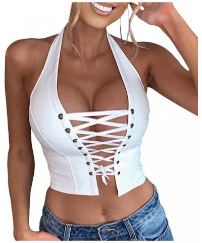 Women's Halter PU Leather Crop Top Bandage Lace Up Cross Eyelet Hollow Out Faux Leather Tank Camisole Shirt White $12.00 Tanks