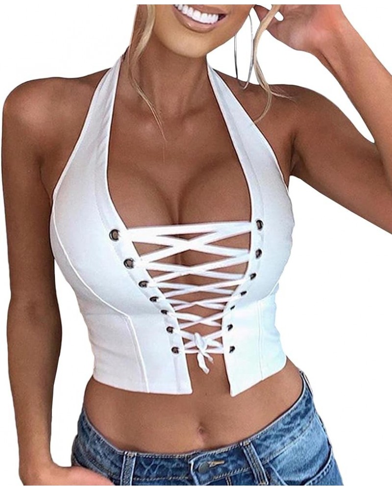 Women's Halter PU Leather Crop Top Bandage Lace Up Cross Eyelet Hollow Out Faux Leather Tank Camisole Shirt White $12.00 Tanks