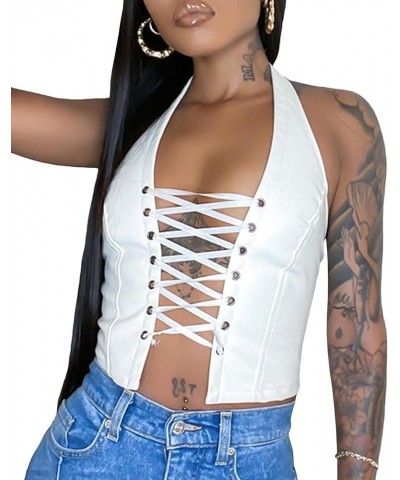 Women's Halter PU Leather Crop Top Bandage Lace Up Cross Eyelet Hollow Out Faux Leather Tank Camisole Shirt White $12.00 Tanks