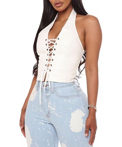 Women's Halter PU Leather Crop Top Bandage Lace Up Cross Eyelet Hollow Out Faux Leather Tank Camisole Shirt White $12.00 Tanks