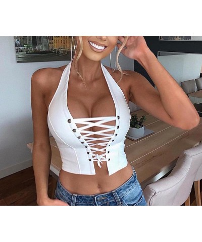 Women's Halter PU Leather Crop Top Bandage Lace Up Cross Eyelet Hollow Out Faux Leather Tank Camisole Shirt White $12.00 Tanks