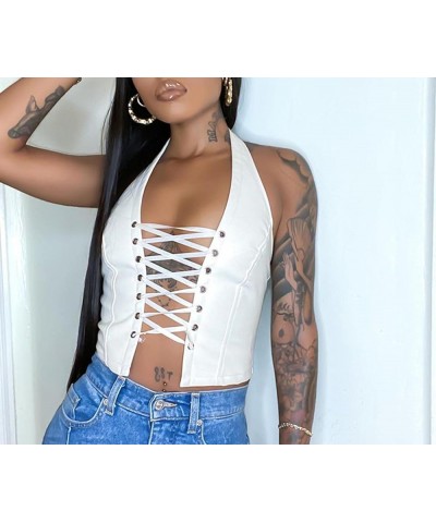 Women's Halter PU Leather Crop Top Bandage Lace Up Cross Eyelet Hollow Out Faux Leather Tank Camisole Shirt White $12.00 Tanks