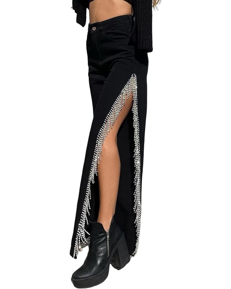 Women High Waisted Jeans Straight Wide Leg Pants with Rhinestone Fringe Trim Split On The Side Black $29.49 Jeans