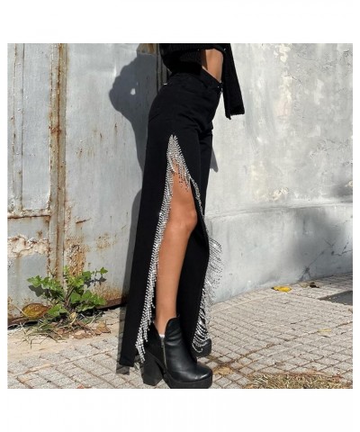 Women High Waisted Jeans Straight Wide Leg Pants with Rhinestone Fringe Trim Split On The Side Black $29.49 Jeans