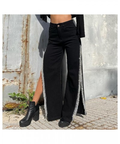 Women High Waisted Jeans Straight Wide Leg Pants with Rhinestone Fringe Trim Split On The Side Black $29.49 Jeans