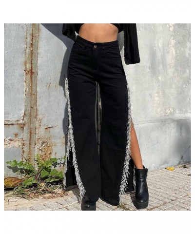 Women High Waisted Jeans Straight Wide Leg Pants with Rhinestone Fringe Trim Split On The Side Black $29.49 Jeans