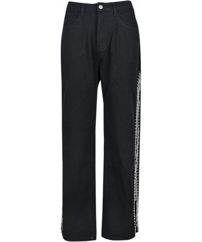 Women High Waisted Jeans Straight Wide Leg Pants with Rhinestone Fringe Trim Split On The Side Black $29.49 Jeans