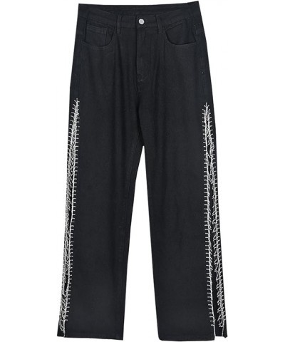 Women High Waisted Jeans Straight Wide Leg Pants with Rhinestone Fringe Trim Split On The Side Black $29.49 Jeans