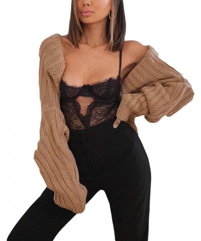 Women Sexy Crochet Hollow Out Cover Ups Long Sleeve See Through Fishnet Crop Top Summer Beach Shirt Shrug Khaki $10.19 Swimsuits