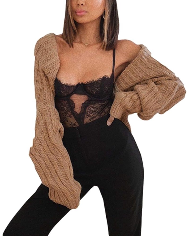 Women Sexy Crochet Hollow Out Cover Ups Long Sleeve See Through Fishnet Crop Top Summer Beach Shirt Shrug Khaki $10.19 Swimsuits