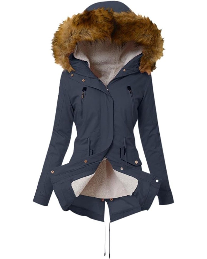 Womens Winter Jackets Warm Sherpa Lined Parkas Jacket Thickened Windproof Coats Slim Fit Outerwear with Fur Hood A05-dark Blu...