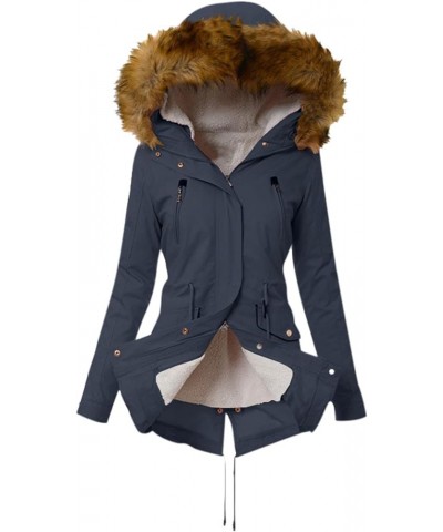 Womens Winter Jackets Warm Sherpa Lined Parkas Jacket Thickened Windproof Coats Slim Fit Outerwear with Fur Hood A05-dark Blu...