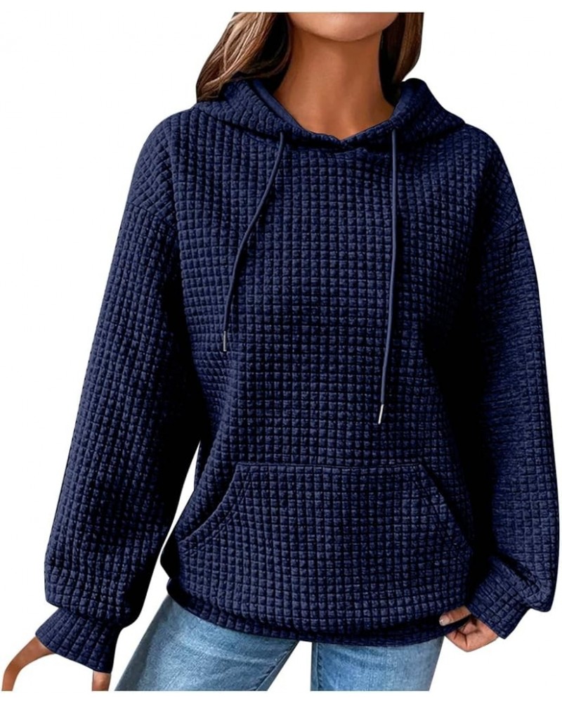 Womens Waffle Knit Hoodies Fall Fashion Long Sleeve Drawstring Casual Tops with Pocket 04-navy $10.79 Hoodies & Sweatshirts