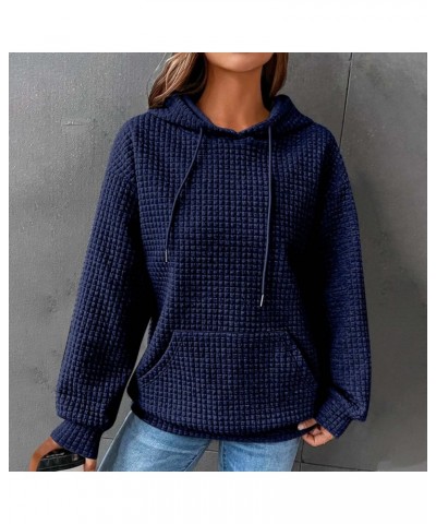 Womens Waffle Knit Hoodies Fall Fashion Long Sleeve Drawstring Casual Tops with Pocket 04-navy $10.79 Hoodies & Sweatshirts