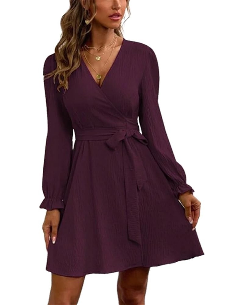 Women's Casual Wrap V Neck Shirt Dress Spring Winter 2024 Long Sleeve Tie Waist Mini Flowy Formal Dress Wine $11.39 Dresses