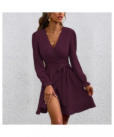 Women's Casual Wrap V Neck Shirt Dress Spring Winter 2024 Long Sleeve Tie Waist Mini Flowy Formal Dress Wine $11.39 Dresses