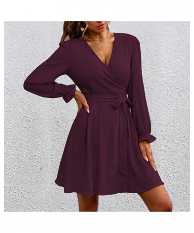 Women's Casual Wrap V Neck Shirt Dress Spring Winter 2024 Long Sleeve Tie Waist Mini Flowy Formal Dress Wine $11.39 Dresses